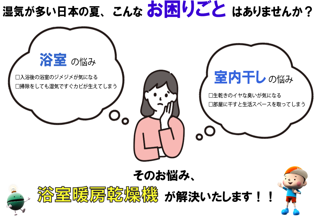 湿気のお困りごとを浴室暖房乾燥機が解決いたします！
