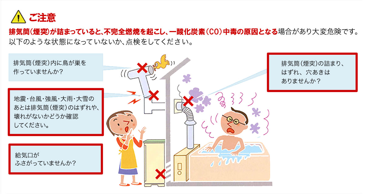 ご注意　排気筒（煙突）が詰まっていると、不完全燃焼を起こし、一酸化炭素（CO）中毒の原因となる場合があり大変危険です。以下のような状態になっていないか、点検をしてください。　排気筒（煙突）内に鳥が巣を作っていませんか？地震・台風・強風・大雨・大雪のあとは排気筒（煙突）のはずれや、壊れがないかどうか確認してください。　給気口がふさがっていませんか？　排気筒（煙突）の詰まり、はずれ、穴あきはありませんか？