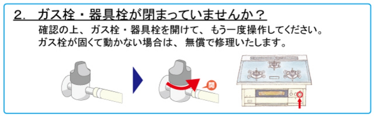 2. ガス栓・器具栓が閉まっていませんか？　確認の上、ガス栓・器具栓を開けて、もう一度操作してください。ガス栓が硬くて動かない場合は、無償で保障いたします。