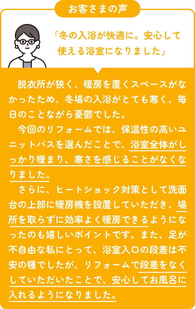 お客さまの声 「冬の入浴が快適に。安心して使える浴室になりました」　脱衣所が狭く、暖房を置くスペースがなかったため、冬場の入浴がとても寒く、毎日のことながら憂鬱でした。 　今回のリフォームでは、保温性の高いユニットバスを選んだことで、浴室全体がしっかり暖まり、寒さを感じることがなくなりました。 　さらに、ヒートショック対策として洗面台の上部に暖房機を設置していただき、場所を取らずに効率よく暖房できるようになったのも嬉しいポイントです。また、足が不自由な私にとって、浴室入口の段差は不安の種でしたが、リフォームで段差をなくしていただいたことで、安心してお風呂に入れるようになりました。