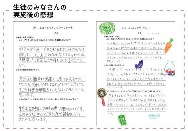 エコ・クッキング授業を受けた生徒のみなさんから感想文をいただきました